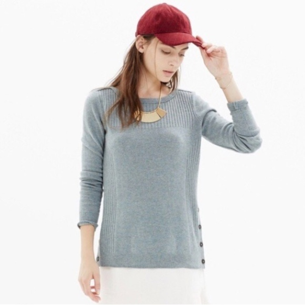 Madewell Gray Blue Merino Wool Side Button Pinewood Pullover Sweater B5611 Sz M